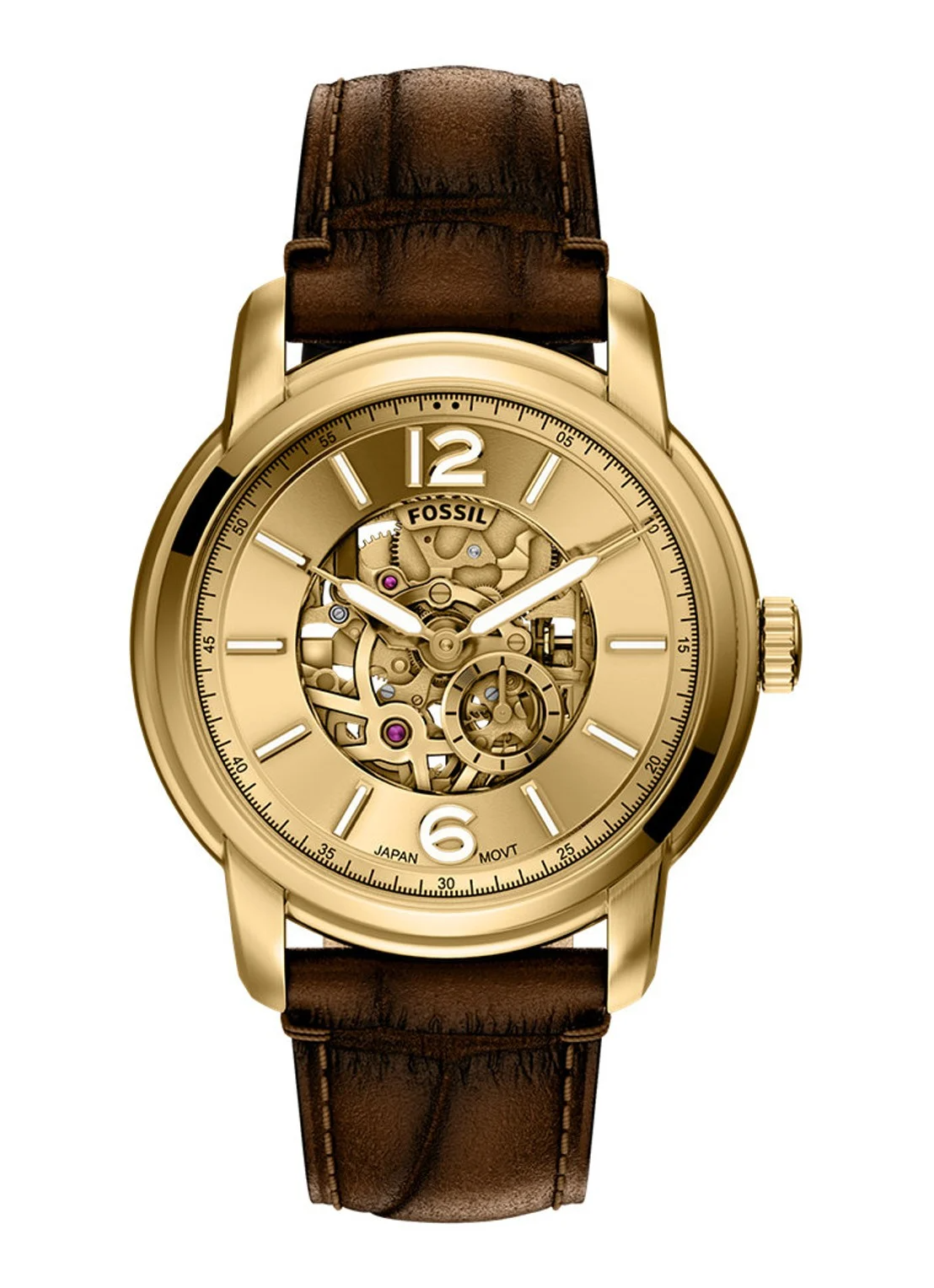 Dit vakkundig vervaardigde Fossil Heritage horloge is het resultaat van onze jarenlange toewijding aan het maken van premium horloges. Met een driedelige goudkleurige roestvrijstalen kast met een stapsgewijs profiel, een goudkleurige skeletonwijzerplaat die het nauwkeurige automatische uurwerk laat zien, dubbel gewelfd, krasbestendig saffierglas en een bruine leren band met krokodillenpatroon in reli&euml;f. De leren producten van Fossil ondersteunen verantwoorde productie via de Leather Working Group.