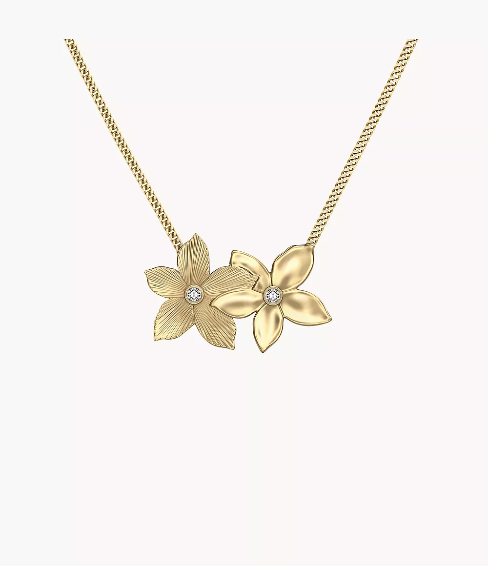 The Flower Collection blends organic form with modern detail, creating a balanced and refined floral-inspired silhouette. This gold-tone stainless steel necklace pairs textured petals stationed on a delicate chain for a balanced, refined silhouette.