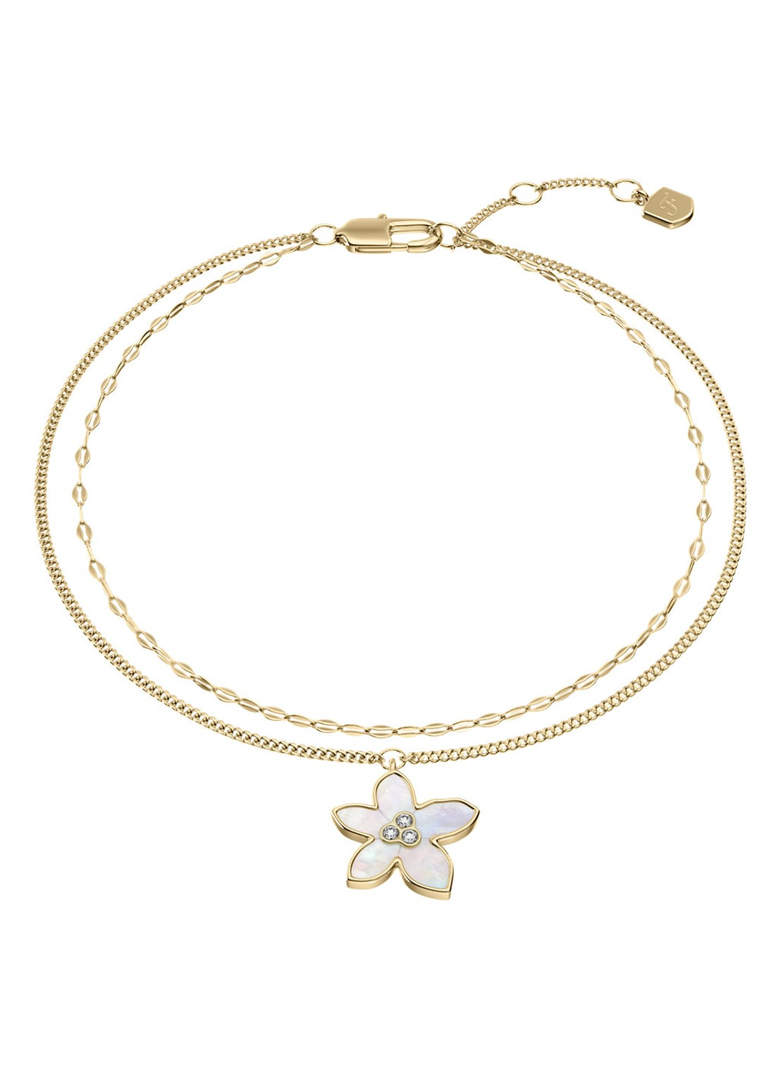 De Flower-collectie combineert organische vormen met moderne details, waardoor een evenwichtig en verfijnd, op bloemen ge&iuml;nspireerd design ontstaat. Deze armband met meerdere strengen is vervaardigd uit gepolijst goudkleurig roestvrij staal en bestaat uit meerdere fijne kettingen met een bloemvormig bedeltje afgewerkt met parelmoer. De karabijnsluiting zorgt voor een veilige en comfortabele pasvorm.