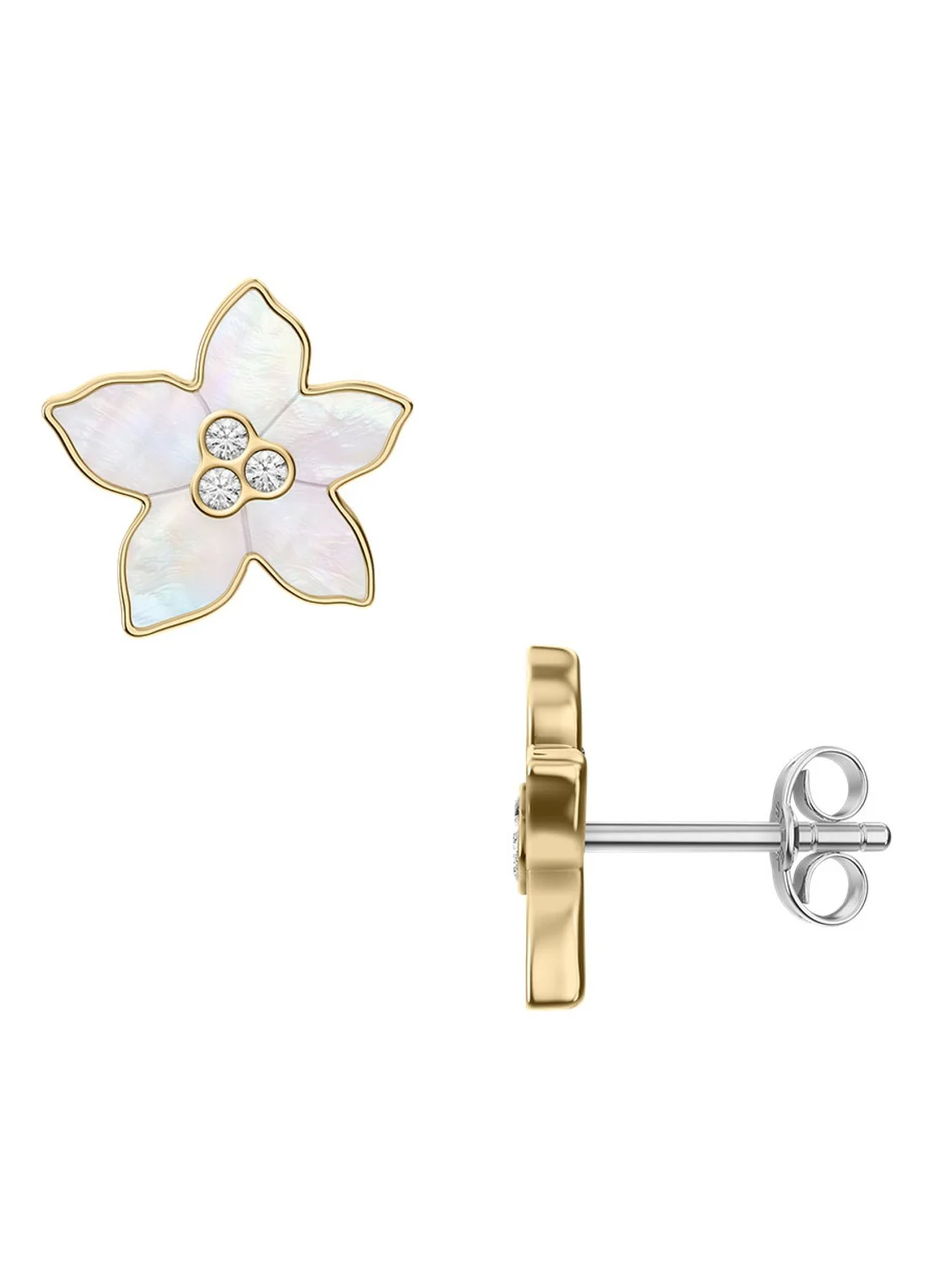 De Flower-collectie combineert organische vormen met moderne details, waardoor een evenwichtig en verfijnd, op bloemen ge&iuml;nspireerd design ontstaat. Deze oorstuds zijn vervaardigd uit gepolijst goudkleurig roestvrij staal en verfraaid met parelmoeren accenten. De sluiting aan de achterkant zorgt voor een veilige, comfortabele pasvorm en voorziet dit klassieke model van een moderne twist.