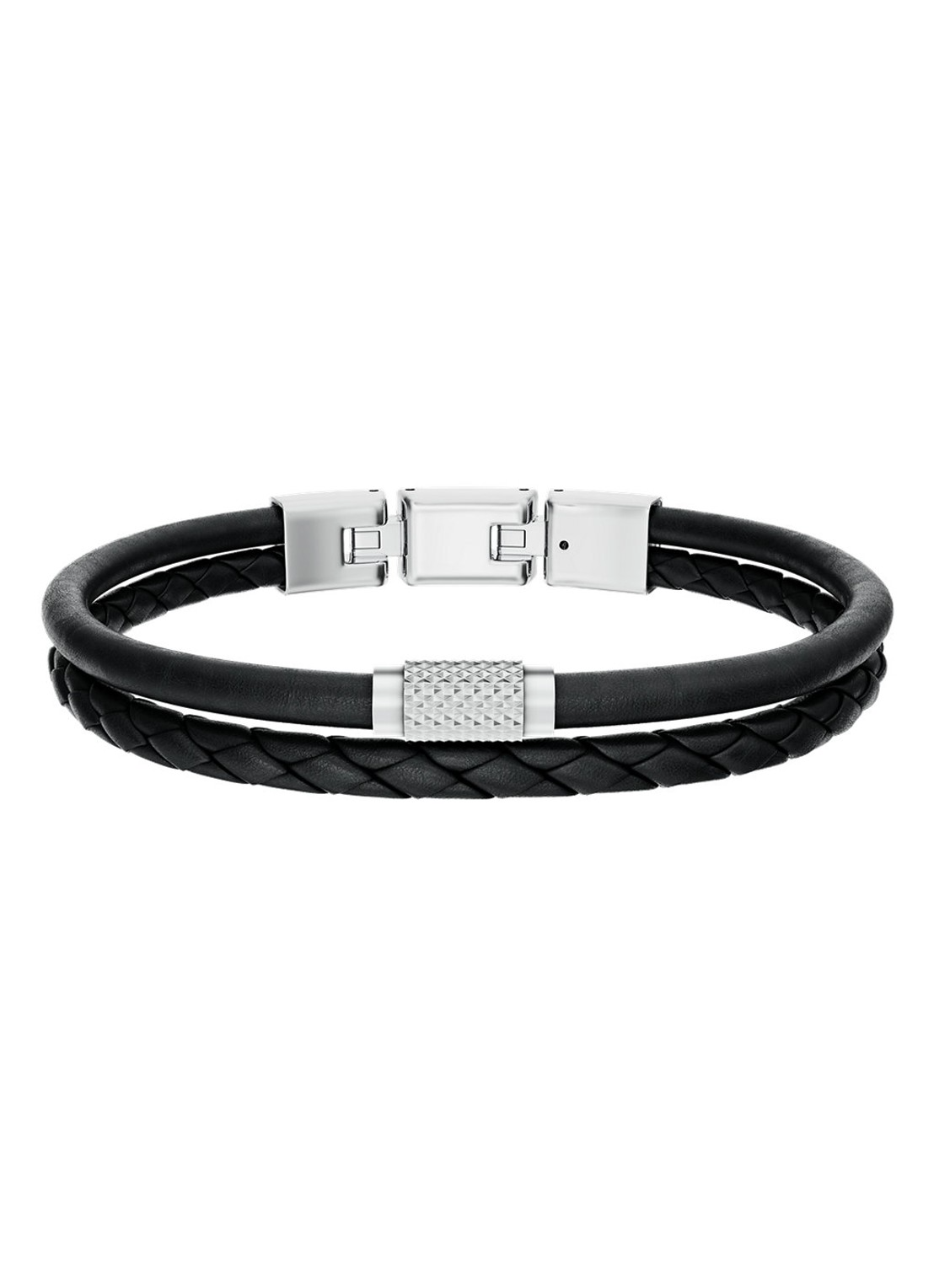 De gekartelde details en strengen van zwart leer geven deze armband een gedurfde, gelaagde uitstraling. Het model is afgewerkt met moderne roestvrijstalen details en gepolijste en matte afwerkingen die diepgang toevoegen. De vouwsluiting zorgt op zijn beurt voor een veilige, gestroomlijnde pasvorm.