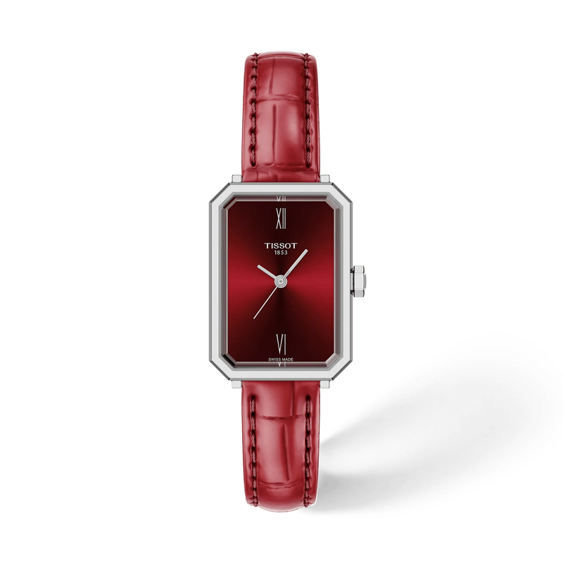 De Tissot SRV T1601101642300 is een stijlvolle horloge met een rechthoekige, rode wijzerplaat en een zilverkleurige roestvrijstalen kast. Het heeft een saffierglas en een rood lederen band. Dit quartz horloge is waterbestendig tot 5 ATM en is hypoallergeen. Draag het als een verfijnd accessoire bij formele en casual outfits.