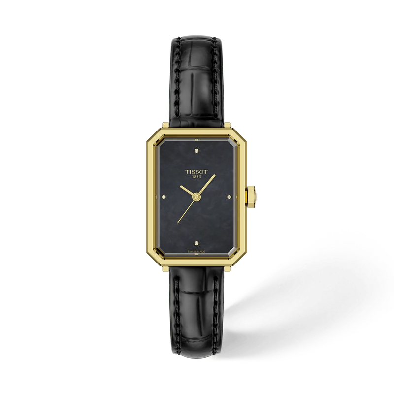 De Tissot SRV T1601103612600 is een verfijnd horloge met een rechthoekige, goudkleurige roestvrijstalen kast en zwart leren band. Met een analoge wijzerplaat, ingelegde diamant en Zwitserse quartz-beweging is dit horloge ideaal voor formele gelegenheden. Draag dit elegante sieraad bij formele kleding voor een stijlvolle uitstraling. 