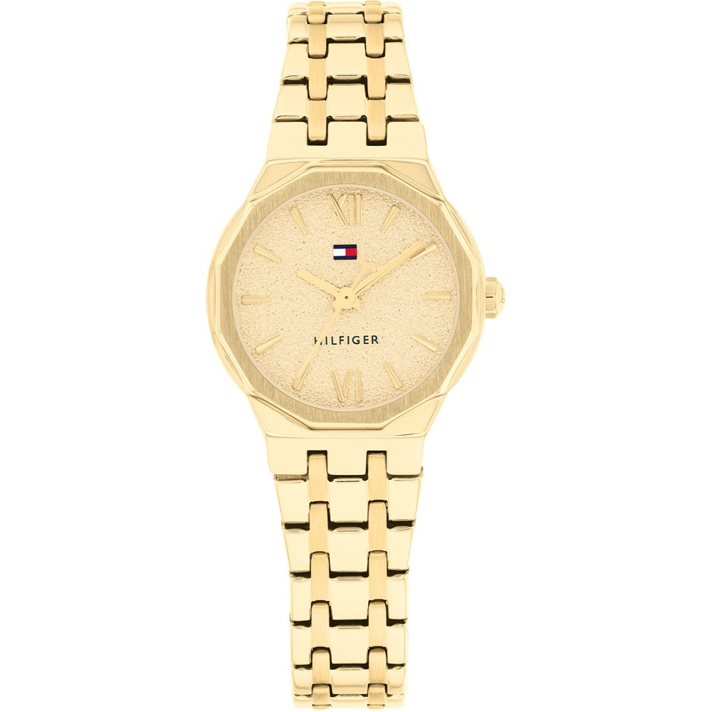 Dameshorloge van tommy hilfiger, goudkleurig horloge met een kast diameter van 25mm