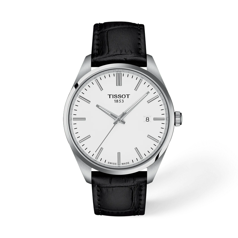 De Tissot PR100 T1504101601100 heeft een roestvrijstalen kast van 40 mm met een saffierglas en een witte wijzerplaat met strepenindex. De zwart leren band biedt comfort en stijl. Dankzij het quartz uurwerk en de Zwitserse beweging is precisie gegarandeerd. Waterdicht tot 100 meter. Ideaal te dragen bij zakelijke en formele gelegenheden.
