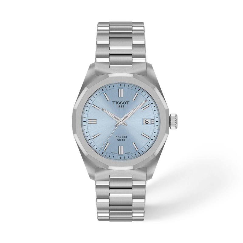 De Tissot PRC 100 Solar 34mm (Modelnummer: T1518221135100) heeft een stijlvolle zilverkleurige roestvrijstalen kast en band, een blauwe analoge wijzerplaat met streepindexen, en krasbestendig saffierglas. Waterdicht tot 10 bar en is hypoallergeen. Ideaal voor dagelijks gebruik en speciale gelegenheden. Draag hem met elegante of zakelijke outfits voor een tijdloze look.