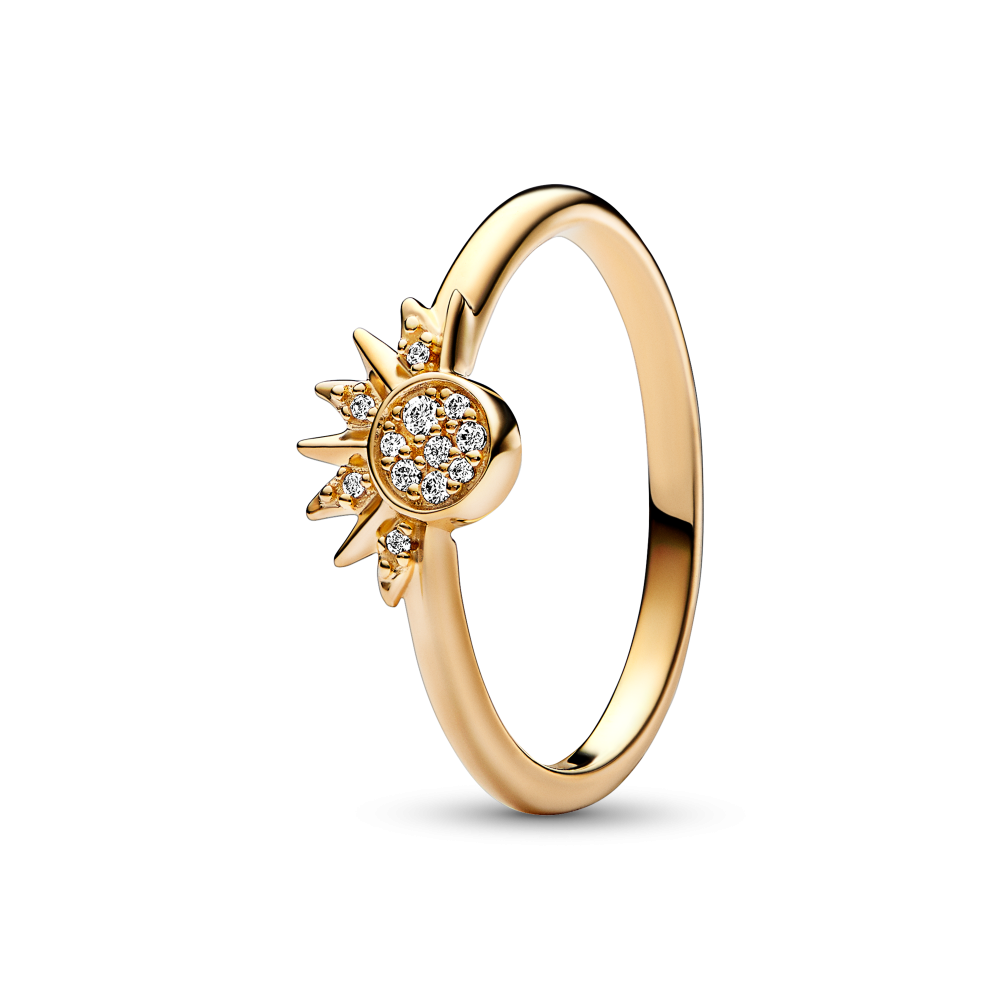 Celestial sun 14k goldplated ring with clear cubic zirconia