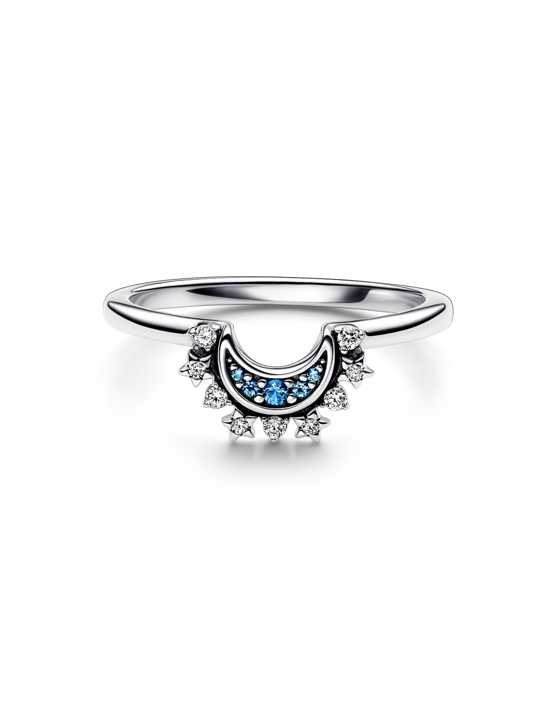 Celestial moon sterling silver ring with night blue crystal ring with night blue crystal and clear cubic zirconia