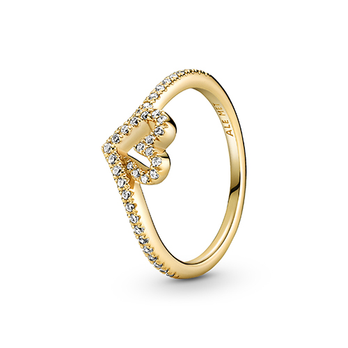Heart and wishbone 14k goldplated ring with clear goldplated ring with clear cubic zirconia