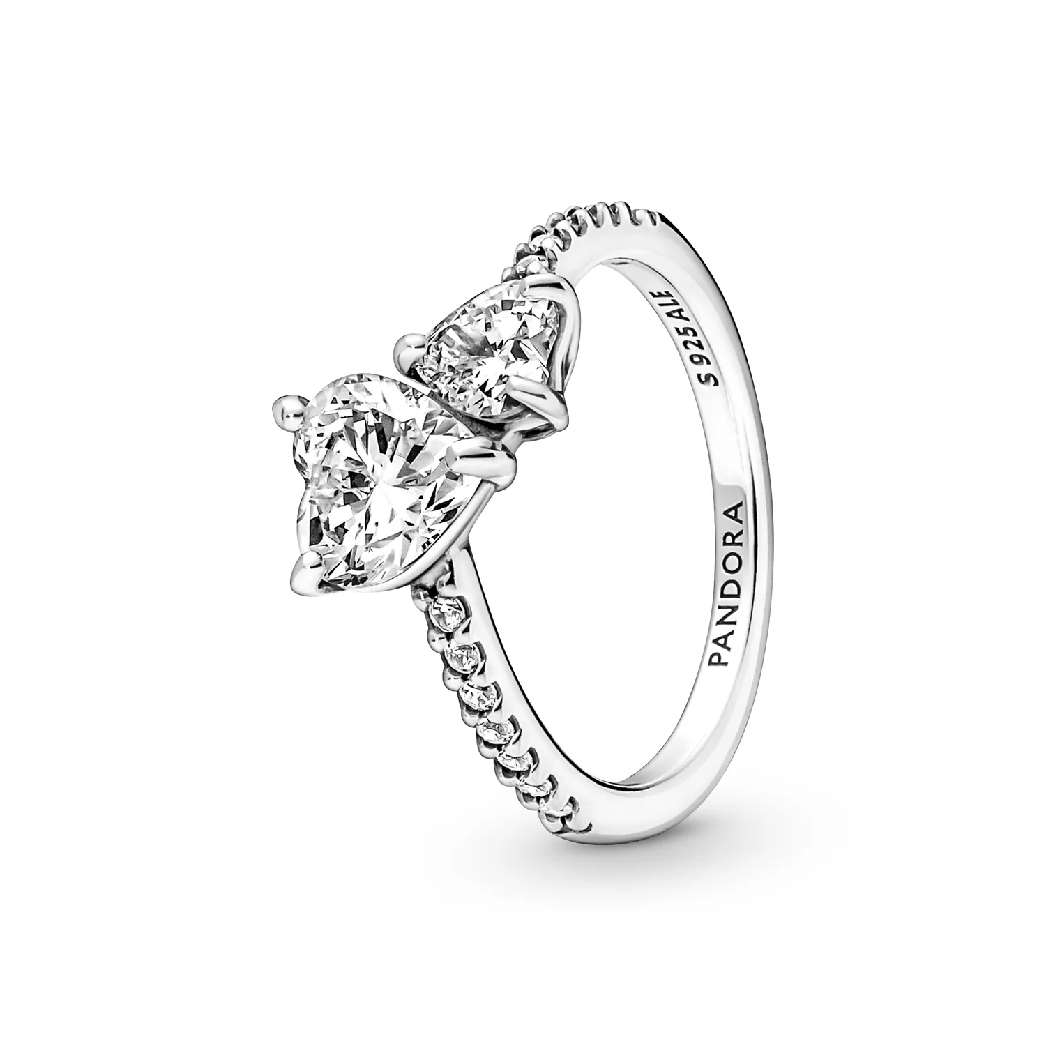 Double heart sterling silver ring with clear cubic zirconia