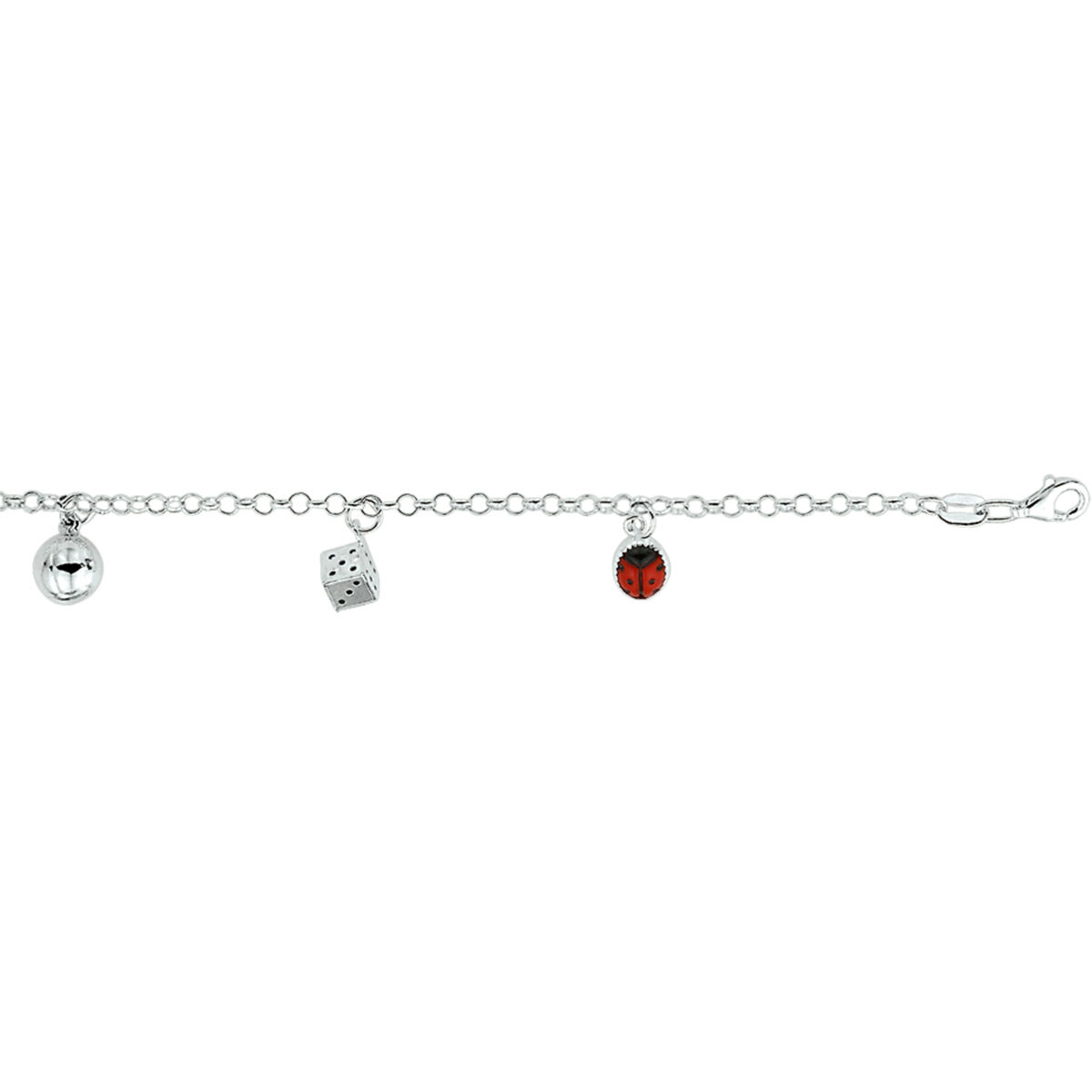 Zilveren jasseron bedelarmband met  bedel voetbal dobbelsteen en lieveheersbeestje. Lengte 15 cm