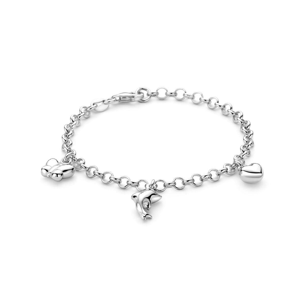 zilveren gerhodineerde jasseron bedelarmband met bedel hartje vlinder dolfijn 15 cm