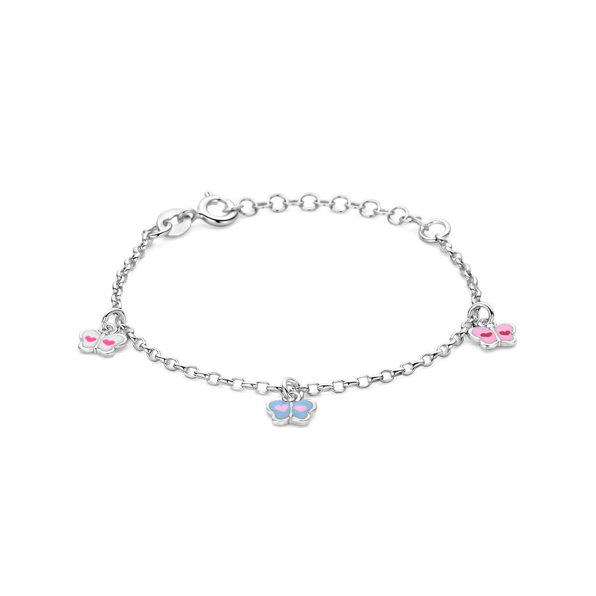 zilveren jasseron armband  met 3x gekleurde vlinder als bedel. Lengte 13 + 3 cm