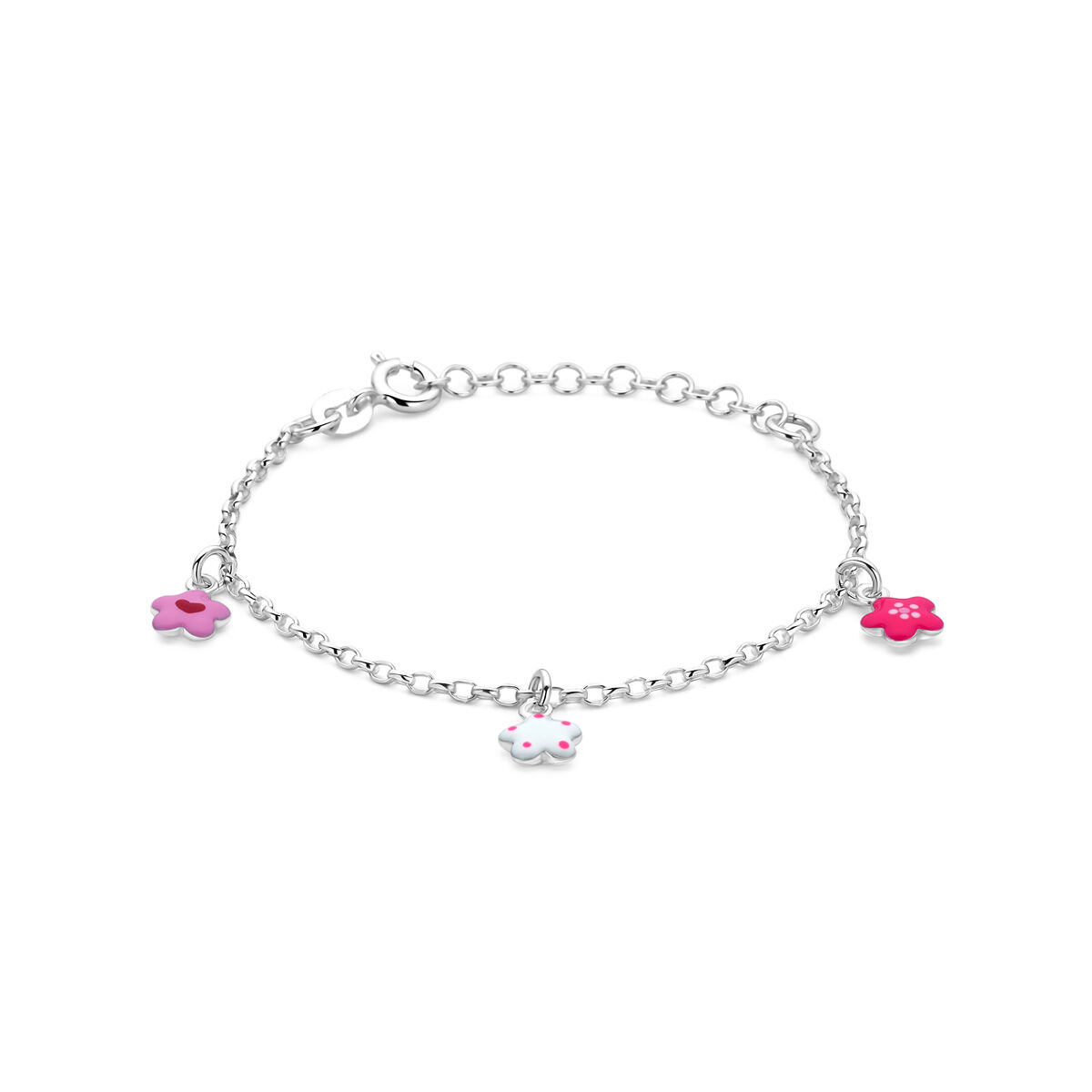 Zilveren jasseron bedelarmband met 3x gekleurde bloem (emaille) en een lengte van 13+3 cm