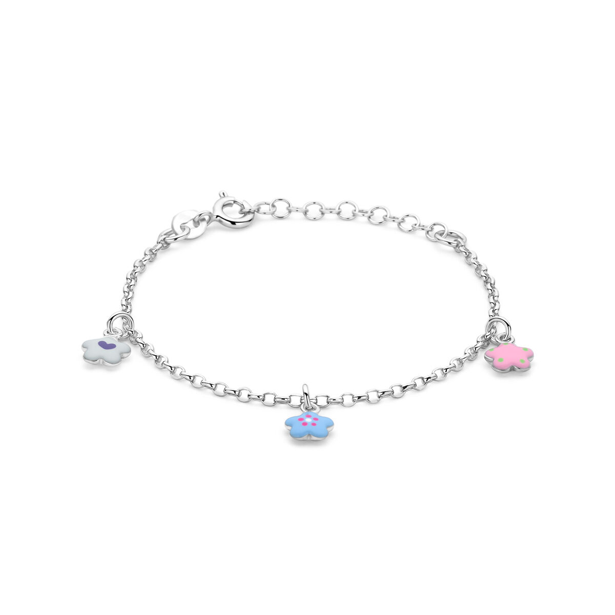 Zilveren jasseron bedelarmband met 3 x bedel gekleurde bloem (emaille) en een lengte van 13+3 cm