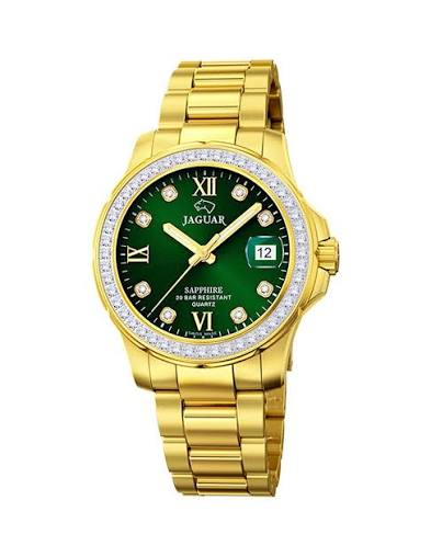 Jaguar dames horloge verguld groen, saffier glas, Zwitsers binnenwerk en 20ATM.