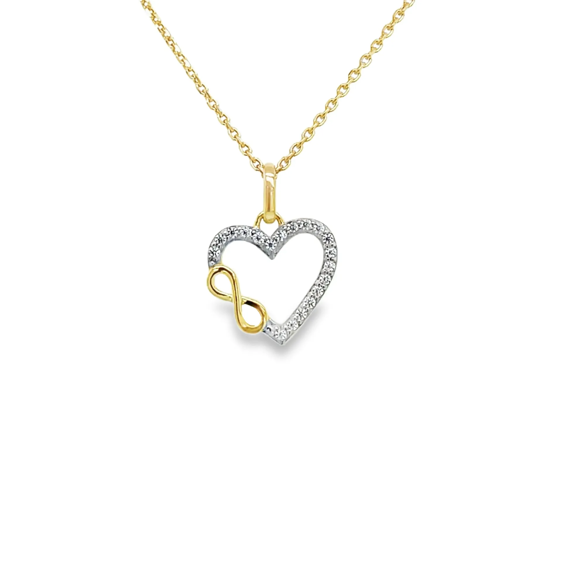 De Geelgouden hanger Hart en Infinity met Zirkonia (modelnummer GH2608) is een elegante en betekenisvolle hanger. Dit sieraad combineert een hart- en infinitysymbool, ingelegd met fonkelende zirkonia's, en valt onder de categorie sieraden, type hanger. Draag deze hanger dichtbij het hart om liefde en oneindigheid te symboliseren, ideaal voor dagelijks gebruik en speciale gelegenheden.
