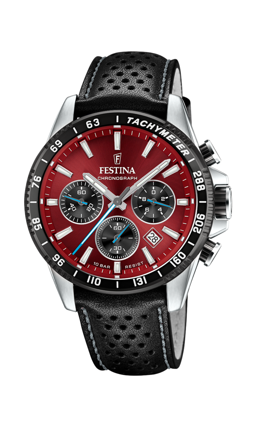 Festina chronograaf rode wijzrplaat met zwart lederen band