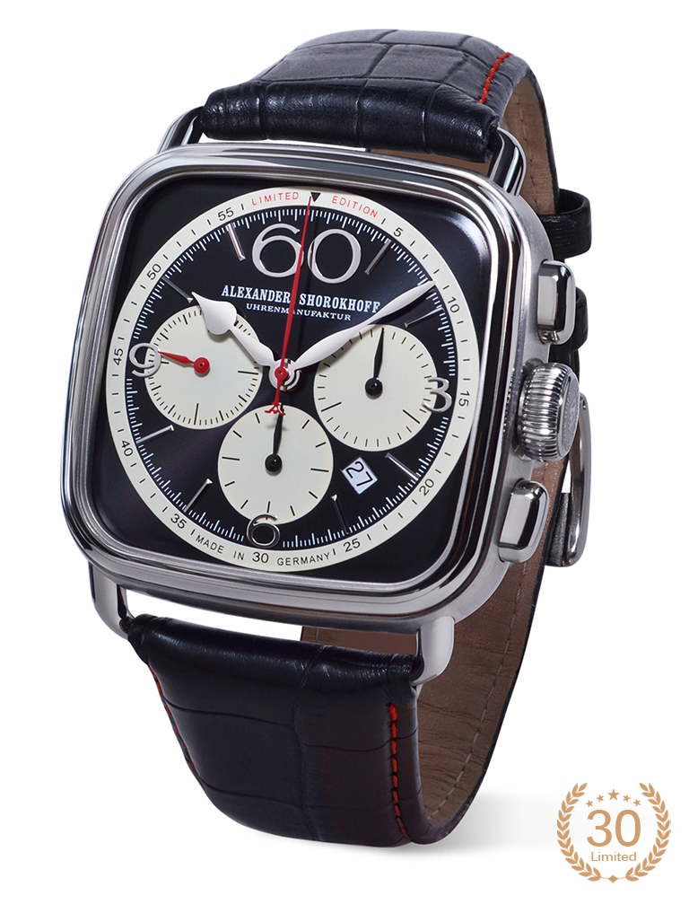 polshorloge Alexander Shorokhoff model Chrono Square &Round met zwarte wijzerplaat en band.
