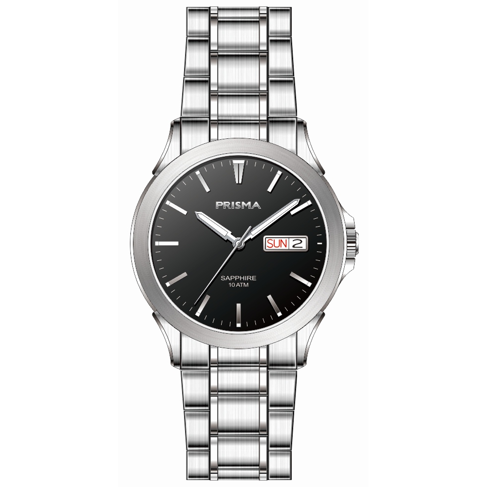 Prisma stalen herenhorloge met saffierglas en dag- en datumaanduiding