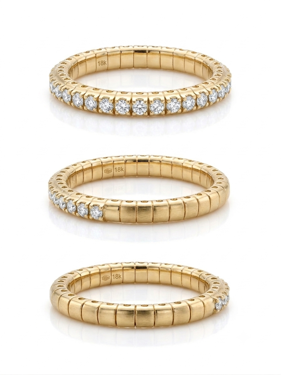 Ontdek het ultieme draagcomfort en tijdloze luxe met deze 18 karaat gouden flexibele ring. Ingezet met 0.16 caraat fonkelende diamanten past deze innovatieve ring dankzij het flexibele systeem moeiteloos om verschillende vingers. Perfect om solo te dragen of te stylen als aanschuifring. Een uniek en comfortabel juweel voor elke gelegenheid.