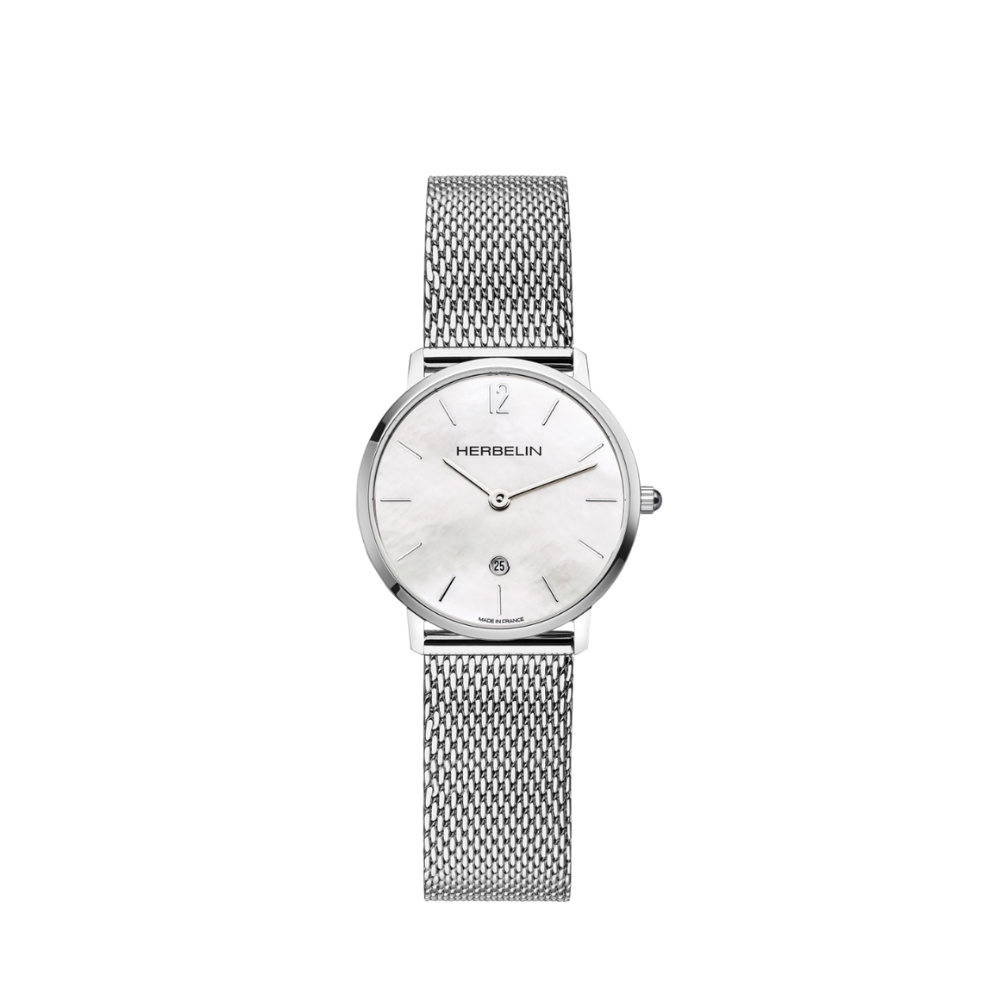 Herbelin City is een stijlvolle dameshorloge met een verfijnde parelmoeren wijzerplaat, slanke 30,5 mm roestvrijstalen kast en elegante Milanese meshband. Uitgerust met een betrouwbaar quartz uurwerk, saffierglas en datumweergave, combineert dit in Frankrijk vervaardigde horloge tijdloze klasse met dagelijks draagcomfort.