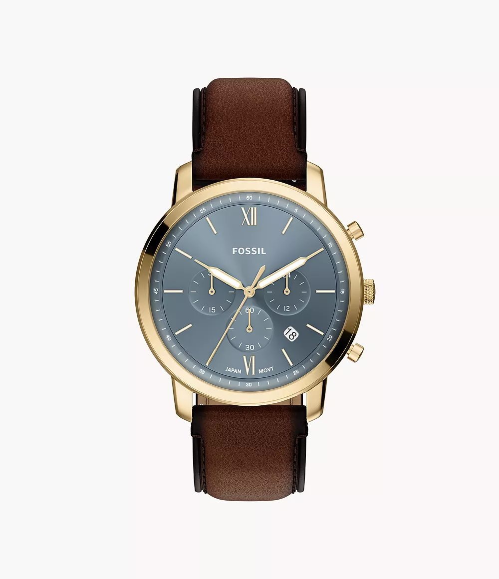 FS6162. Fossil heren horloge. Bruin lederen band. Goudkleurige kast met een bruine wijzerplaat. 