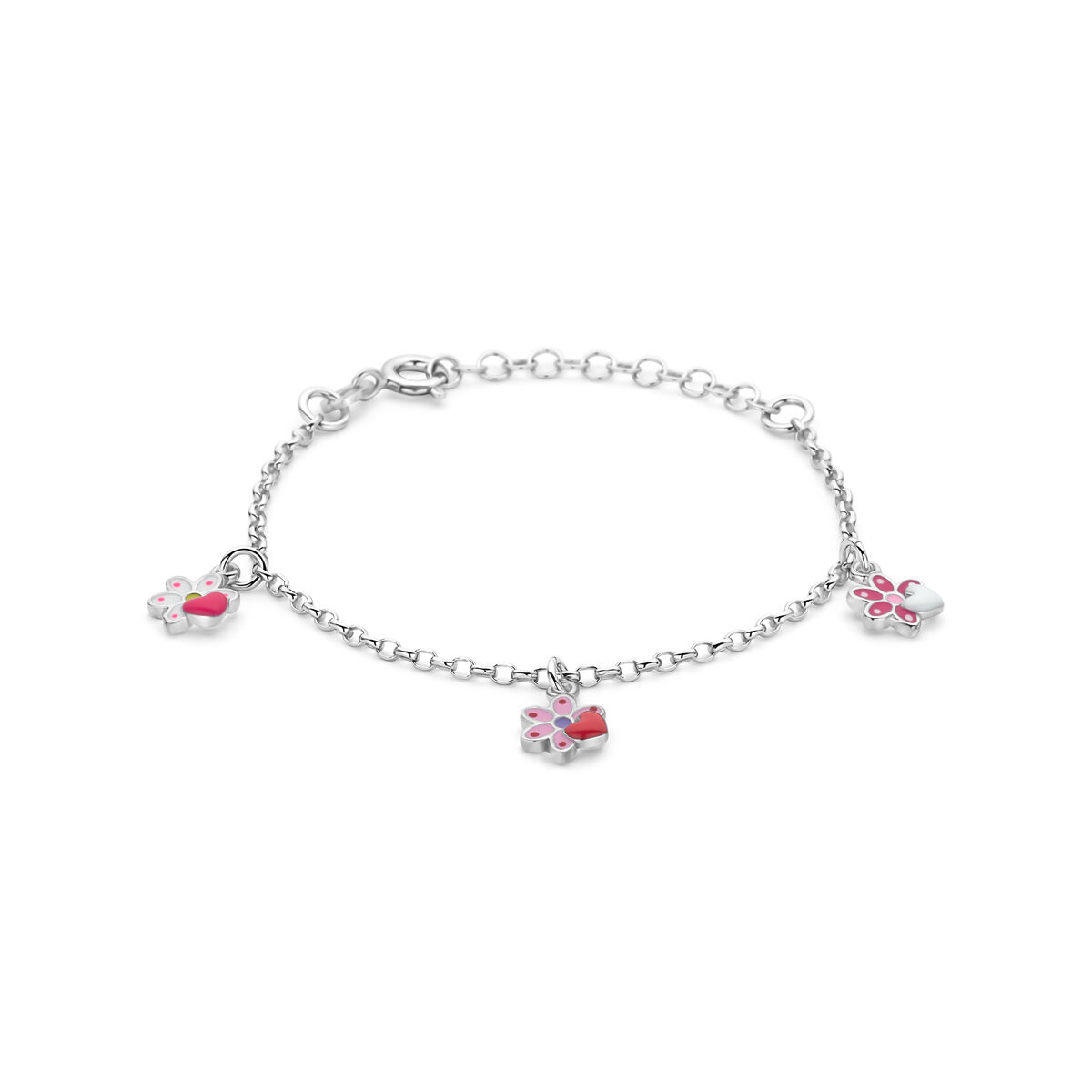 Zilveren kinderarmband met emaille bloemen. 13+3cm