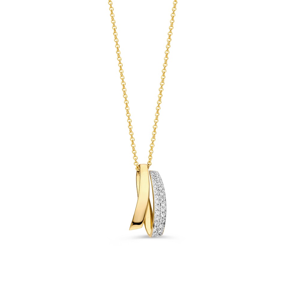 Verfijnd geelgouden collier met een stijlvolle hanger, waarvan de witgouden baan gezet is met diamant in een fonklende pav&eacute;zetting.
