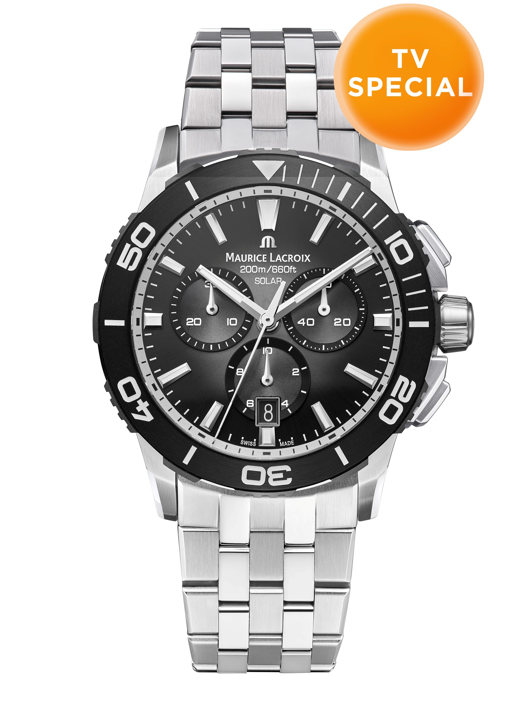 Dit is een horloge van het merk Maurice Lacroix gemaakt voor heren.
De specificaties zijn als volgt:
Kastmaat: 42 mm
Waterdichtheid: 20 ATM / 200 Meter / 660 Feet
Dit horloge heeft de volgende functies/eigenschappen:
Diver
Chronograaf
Datumaanduiding