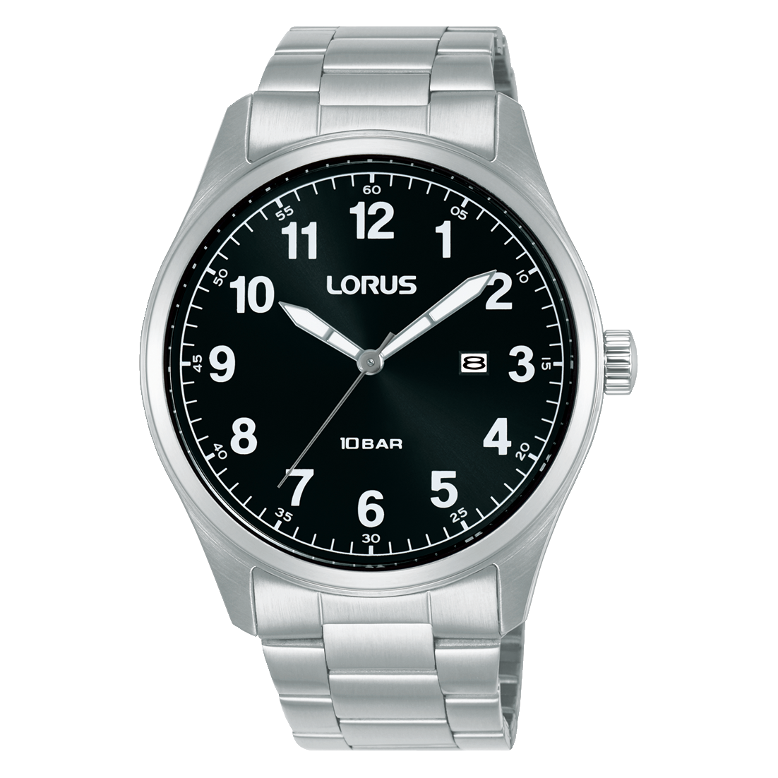 Lorus herenhorloge met zwarte wijzerplaat, witte cijfers en stalen band. 