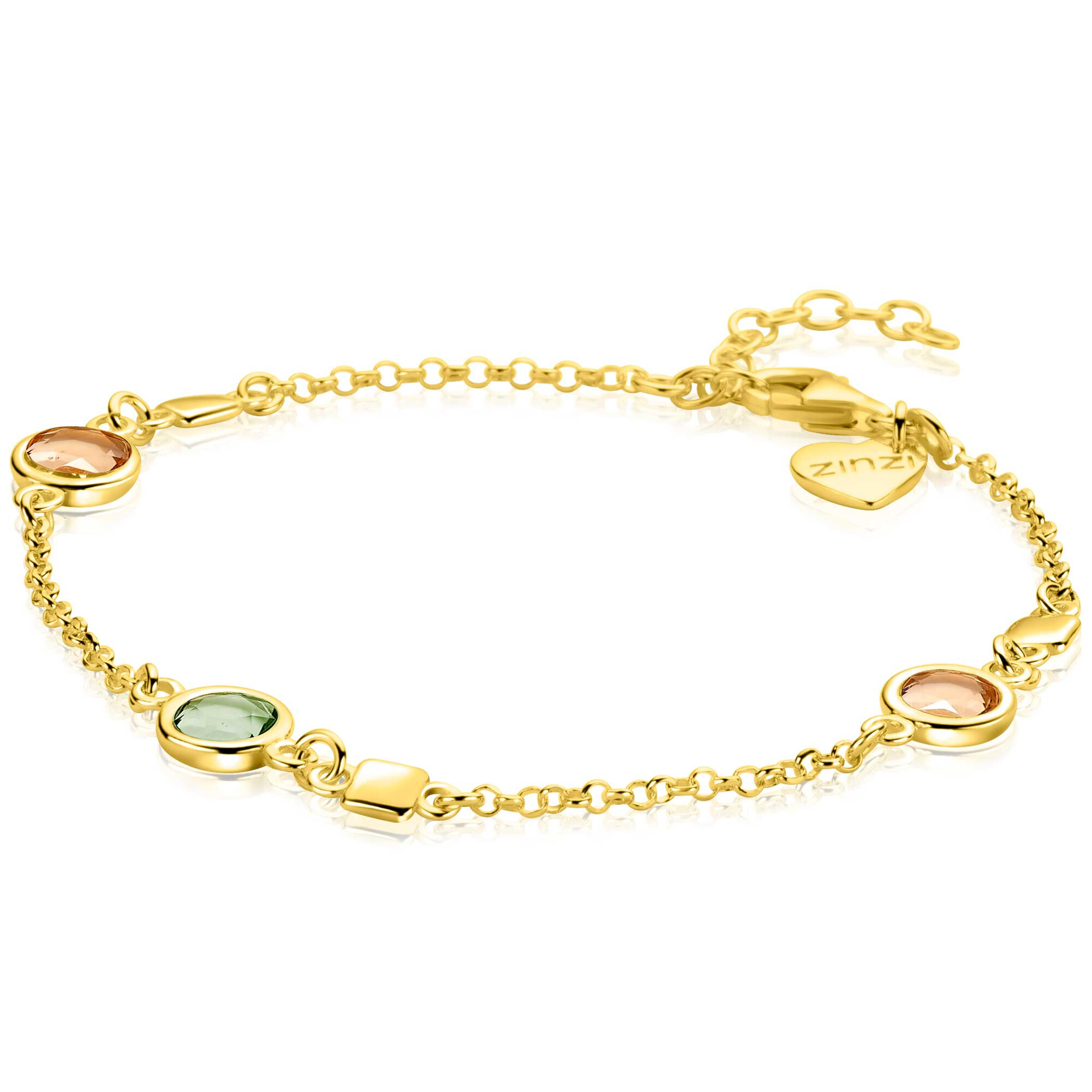 INZI gold plated zilveren armband met drie facetgeslepen ronde kleurstenen in zachte groen- en champagnetinten. De verfijnde schakels en gladde vierkante plaatjes zorgen voor een moderne en elegante uitstraling. Voor een perfecte pasvorm is de lengte verstelbaar van 16,5cm tot 19,5cm. Vervaardigd van eerste gehalte zilver (925) en extra geelverguld.