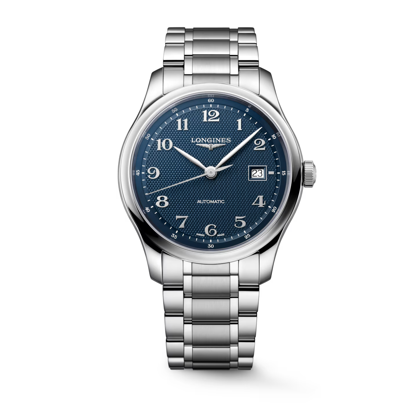 Longines heren polshorloge Master collection met stalen band en blauwe wijzerplaat.