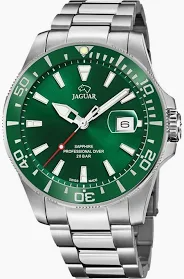 Dit uurwerk is van het merk Jaguar.Het heeft een groene wijzerplaat en stalen metaalband.