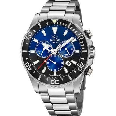 Dit uurwerk is van het merk Jaguar en heeft een blauw zwarte wijzerplaat met een stalen metaalband