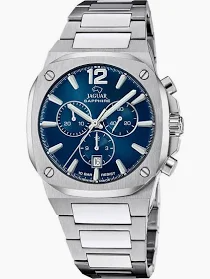 Dit uurwerk is van het merk Jaguar heeft een stalen kast en een stalen metaalband. 