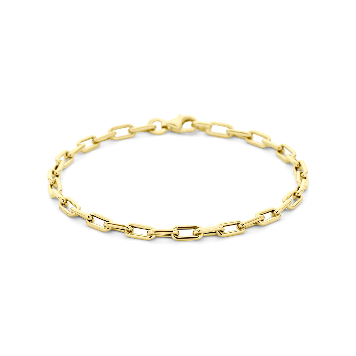9k Geelkleurige armband met een schakelbreedte van 3.5mm en een draaglengte van 18cm. Uitgevoerd met een karabijnsluiting.
