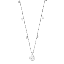 De ketting is in staal en de hanger is in klavervorm. Aan de ketting zijn kleune zirkonium steentjes
bevestigd.