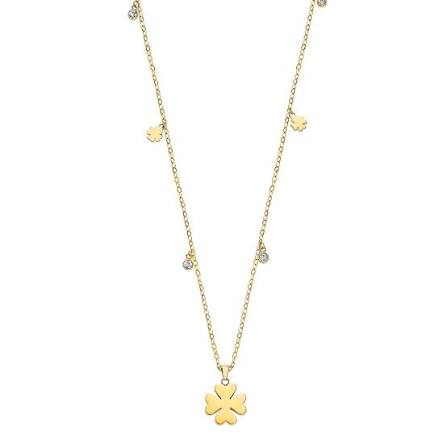 De ketting is in staal verguld met als hanger in klavervorm.