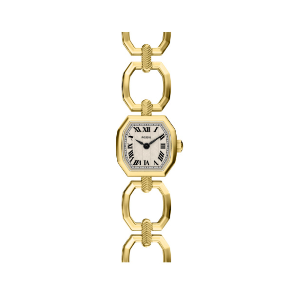 Fossil Dames Horloge Harlow ES5483 is een stijlvol goudkleurig polshorloge met een roestvrijstalen kast en band. De rechthoekige kast heeft een witte wijzerplaat met Romeinse index en mineraalglas. Het horloge is analoog, nikkelvrij en heeft een waterbestendigheidsniveau van 3 ATM. Perfect voor elegante gelegenheden en dagelijks gebruik. Draag met verfijnde gouden sieraden.