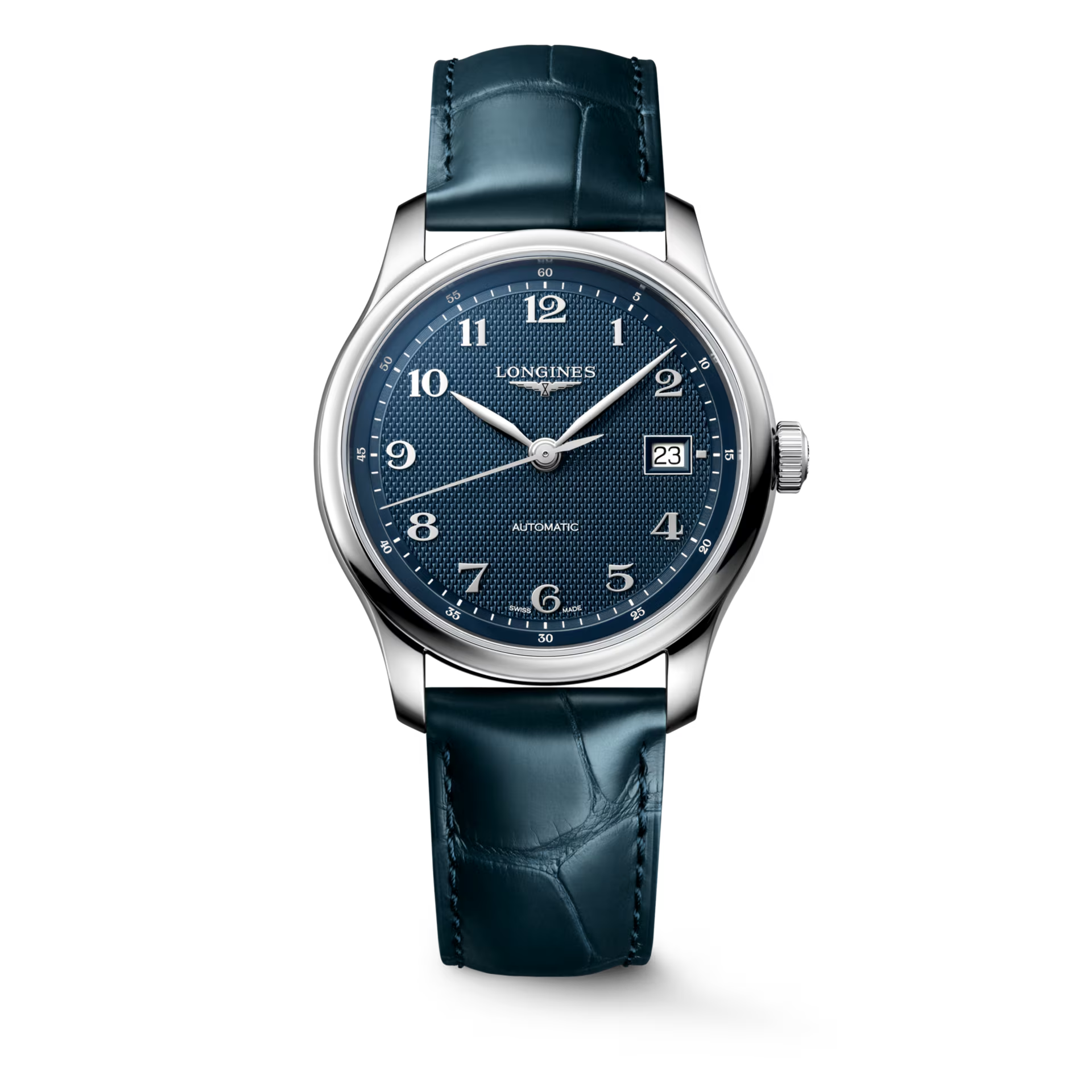 De Longines Master Collection L29494932 is een elegante polshorloge met een roestvrijstalen kast en een blauwe wijzerplaat met Arabische cijfers. Het heeft een automatisch Zwitsers uurwerk en een saffierglas. De leren band is zilverkleurig en hypoallergeen. Draag dit horloge tijdens zakelijke gelegenheden of formele evenementen voor een verfijnde uitstraling. 