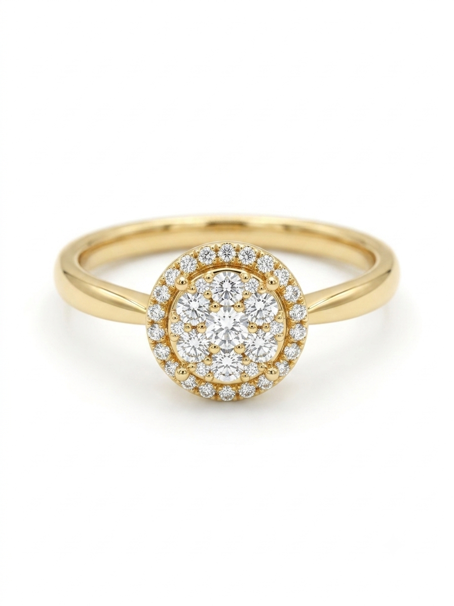 Exclusieve 14k Geelgouden Verlovingsring met Ronde Diamant Cluster

Ben je op zoek naar een adembenemende blikvanger tussen de verlovingsringen in Amsterdam? Bij Juwelier Rijk Amsterdam presenteren we deze schitterende ring van 14 karaat geelgoud met een hoogglans afwerking. Het middelpunt van de ring is een vakkundig gezette ronde cluster van fonkelende diamanten, omringd door een verfijnde diamanten halo. Dit slimme ontwerp met meerdere kleinere diamanten cre&euml;ert een onge&euml;venaarde schittering en de luxe uitstraling van een grote briljant.

De gladde geelgouden band loopt elegant toe naar de zetting, waardoor de ring uiterst comfortabel draagt. Het is een tijdloos en verfijnd juweel, perfect ontworpen voor dagelijks gebruik en gemaakt om jullie liefde te bezegelen.

Waarom kopen bij Juwelier Rijk Amsterdam?

Hoogwaardige Materialen: Vervaardigd uit echt 14 karaat geelgoud en bezet met loepzuivere, schitterende diamanten.

Kosteloos op Maat Gemaakt: Wij zorgen ervoor dat het aanzoek vlekkeloos verloopt. Deze verlovingsring wordt in ons eigen atelier geheel gratis op maat gemaakt voor de perfecte pasvorm.

Persoonlijke Service: Wil je deze unieke clusterring liever eerst in het echt bewonderen? Je bent van harte welkom in onze winkel om onze exclusieve collectie verlovingsringen in Amsterdam te komen passen.

Maak het grote moment onvergetelijk met een ring die pure luxe uitstraalt. Bestel deze geelgouden diamantring vandaag nog online of breng een bezoek aan Juwelier Rijk Amsterdam!