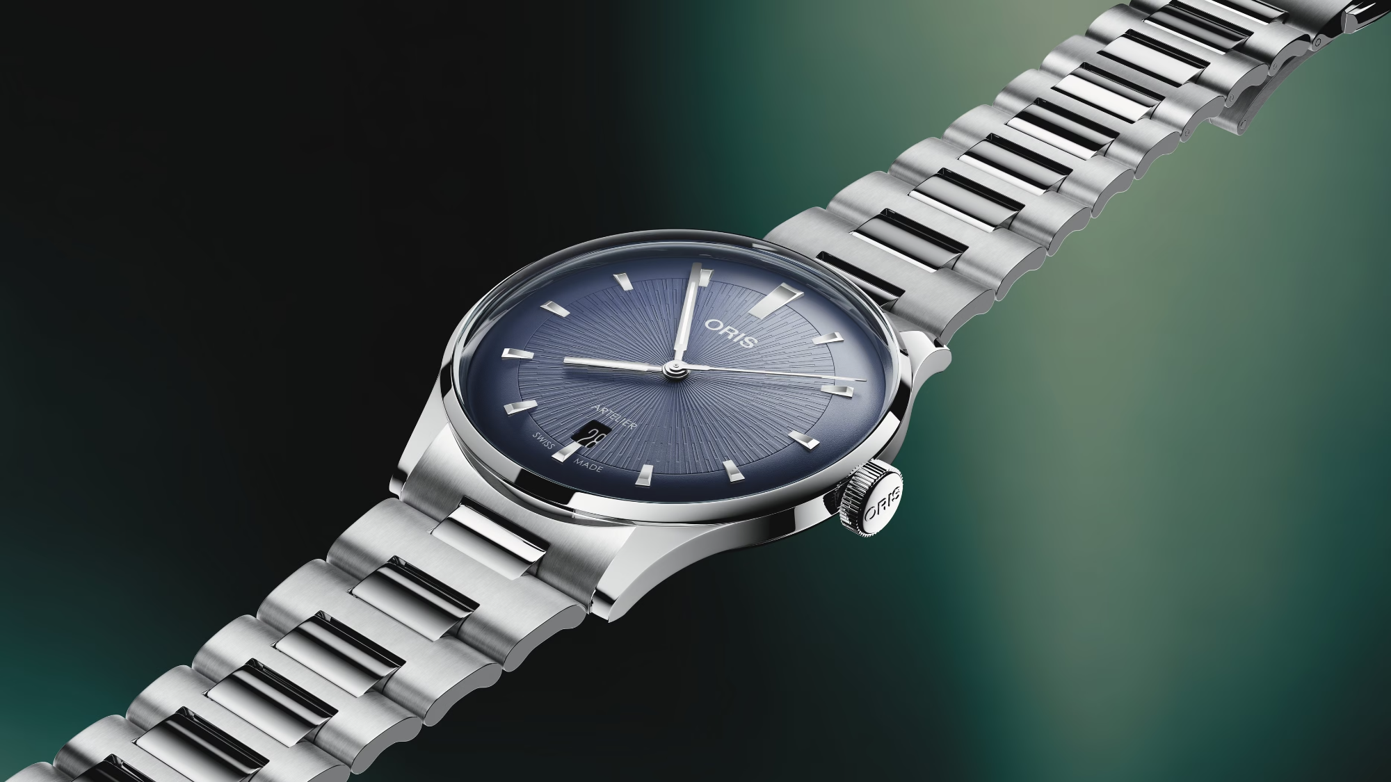 Polshorloge Oris model Artelier Date met blauwe wijzerplaat en stalen band.