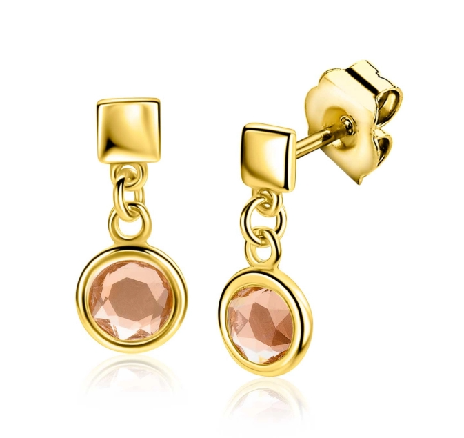 ZINZI gold plated zilveren oorstekers (16mm) met een vierkante gladde stud en een hangende ronde champagnekleurige zirkonia. Vervaardigd van eerste gehalte zilver (925) en extra geelverguld.