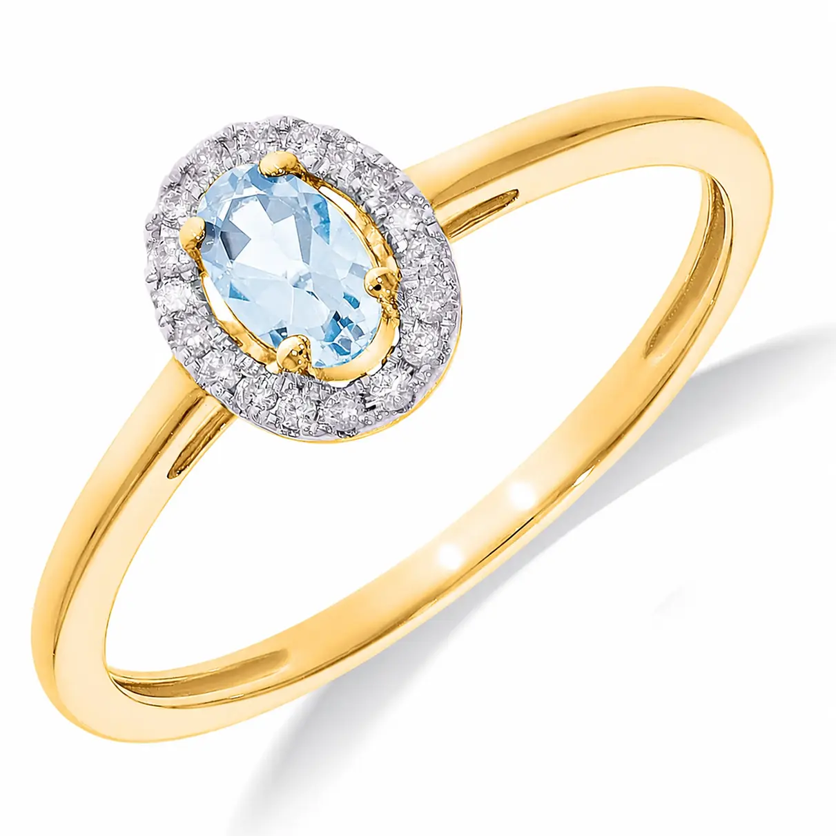 14krt geelgouden ring met London Blue Topaas 0.28 crt en diamant totaal 0.07 crt