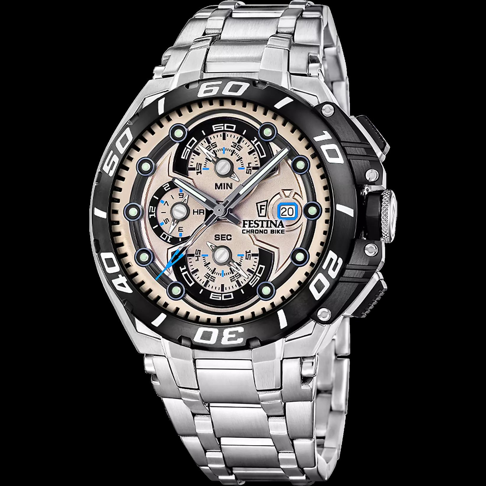 De Festina Chrono Bike 2026 F20754/2 belichaamt de drang om grenzen te verleggen die het merk kenmerkt, en combineert een krachtige uitstraling met precisie in elk detail. De uitvoering in 316L roestvrij staal met bijpassende schakelband, chronograaf, datumaanduiding en waterdichtheid tot 20 ATM maakt dit tot een horloge dat is ontworpen om het tempo te bepalen met betrouwbaarheid, energie en persoonlijkheid.