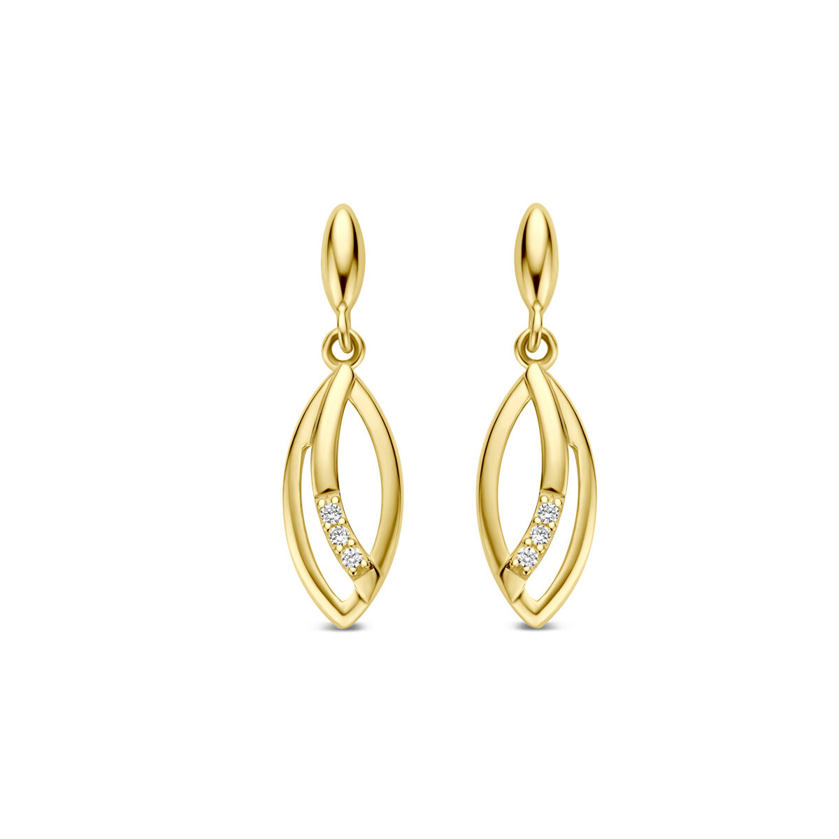 9krt gouden oorhangers met zirkonia. De oorhangers hebben een totale hoogte van 18mm en een breedte van 5mm.