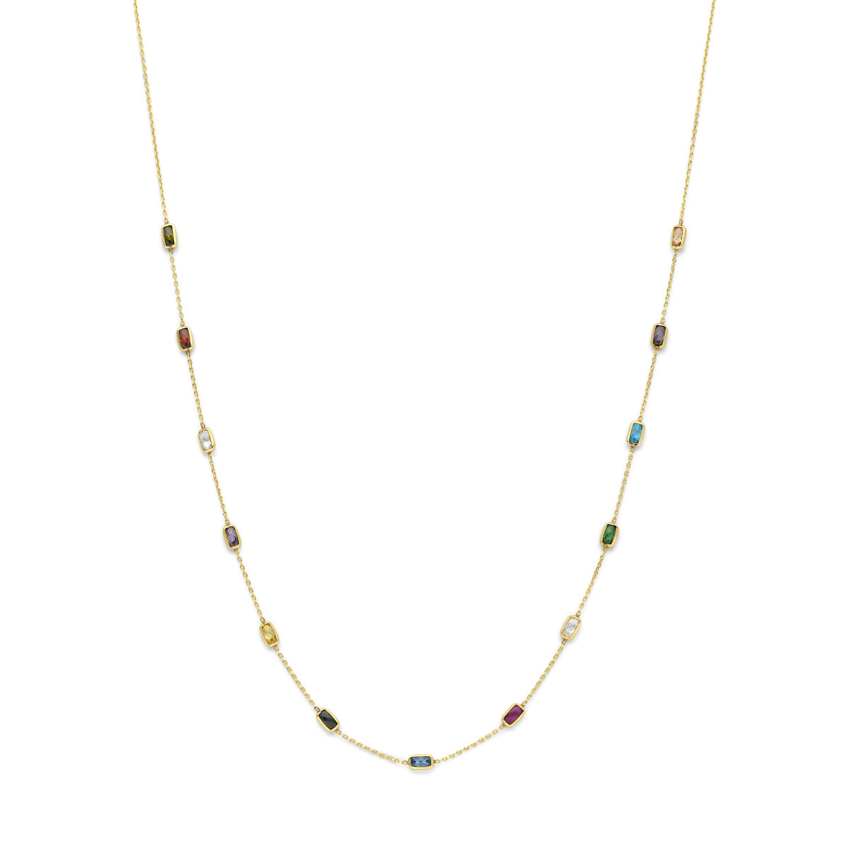 9krt gouden collier met gekleurd zirkonia. Het collier heeft lengtes van 41-43-45cm en een schakelbreedte van 0.9mm.
