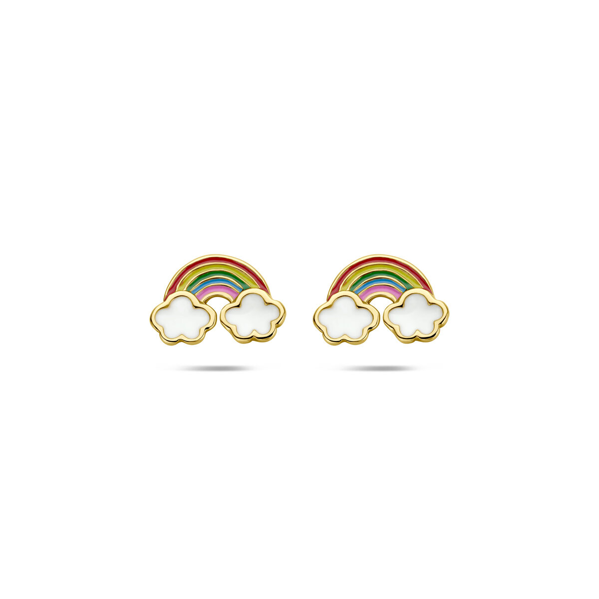 Verguld geel 925 zilveren oorknoppen in de vorm van een emaille regenboog met wolken. De oorknoppen hebben een afmeting van 6.5x10mm. Geen garantie op plating.