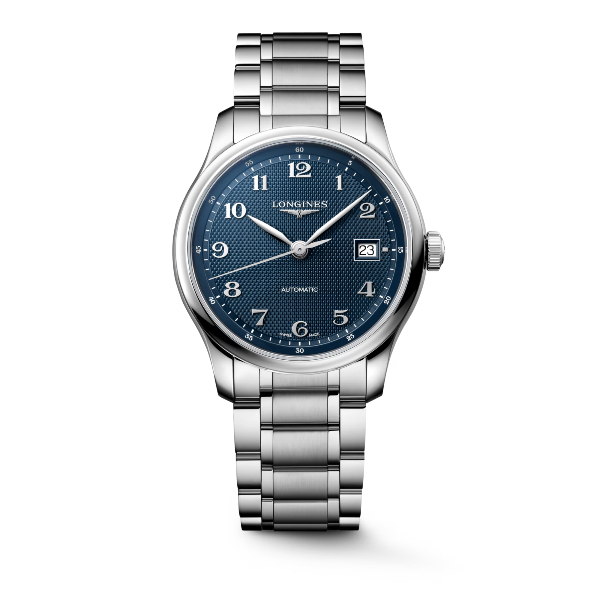 Longines herenpolshorloge Master Collection met blauwe wijzerplaat en stalen band.